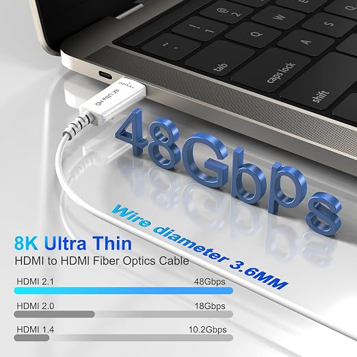 8K Fiber Optic HDMI Cable 23 FT, 8K@60Hz 4K@240Hz, Thin Extra Long HDMI Cable 48Gbps Ultra High Speed, Dynamic HDR, eARC, HDCP 2.2&2.3, 3D, Compatible for PS4/5/Xbox/TV/Laptop/Monitor
