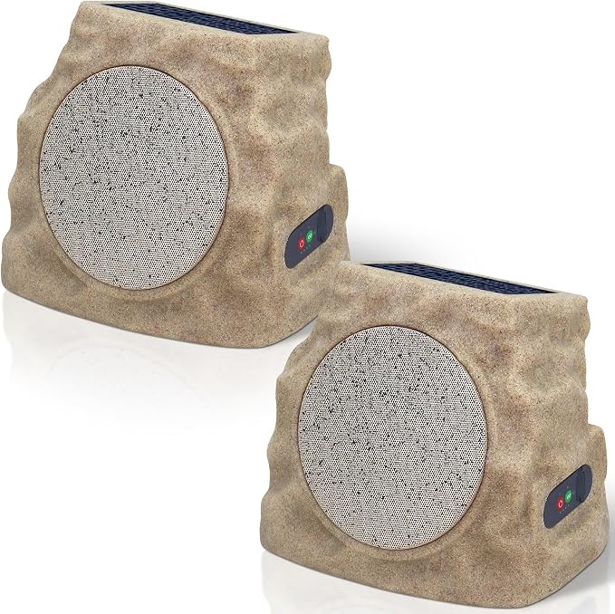 uuffoo 2-Pack Solar Powered Rock Speakers Outdoor Water-Resistant IP44 Rock Speaker with Lights RGB Colors and USB Charging for Patio Pool Party Yard Garden Outside