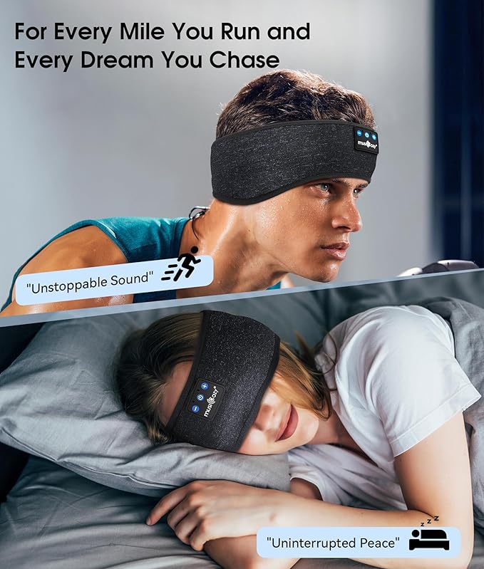 MUSICOZY Bluetooth 5.4 Sleep Headphones Sports Headband Headphones, Wireless Earphones Music Sleep Earbuds for Side Sleepers Sleeping Eye Mask for Women Men Workout Running Cool Unique Gifts