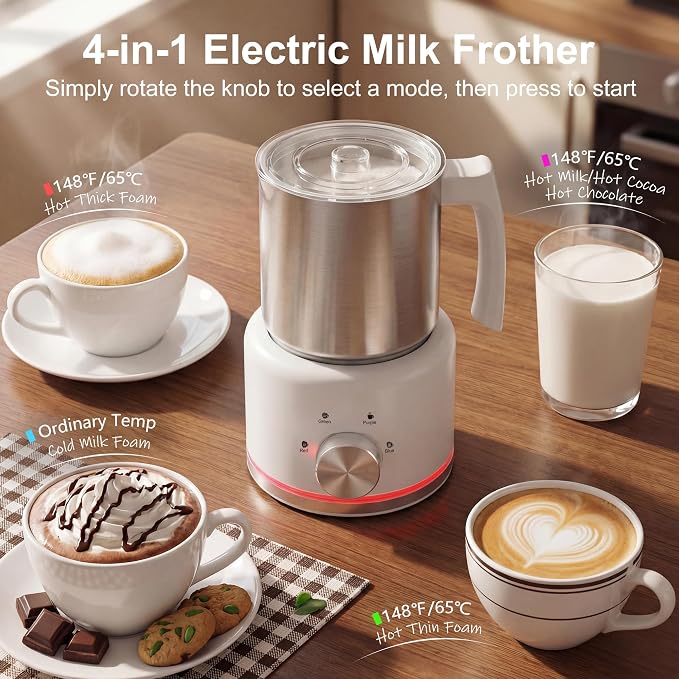 Milk Frother, 16.9 OZ Milk Frother and Steamer, 4 in 1 Electric Milk Frother Dishwasher Safe Durable Silent Frother for Coffee Hot and Cold Foam Maker (White Stainless)