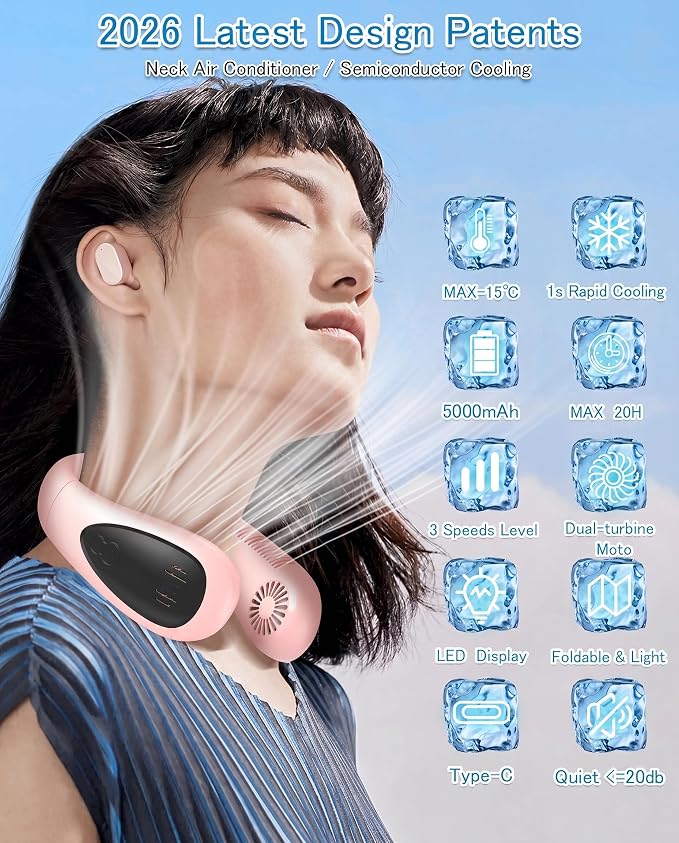 Neck Air Conditioner, Portable Neck Fan with Cooling Plate 360°Cooling Airflow, 5000mah Rechargeable USB Fan Hands Free Bladeless Wearable Foldable Mini Fan for Men Women Home Office Outdoor