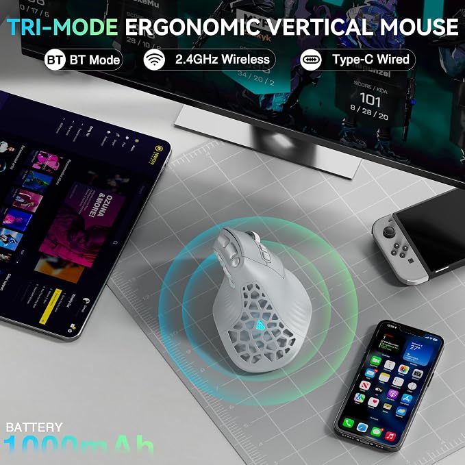 SOLAKAKA E9 PRO Ergonomic Vertical MMO Mouse with 8K Dongle, Gray-Silver | Ergonomic 45° Grip vertical,PAW3395 36000 DPI Sensor, Tri-Mode Wireless,10 Side Buttons,1000mAh Rechargeable,RGB