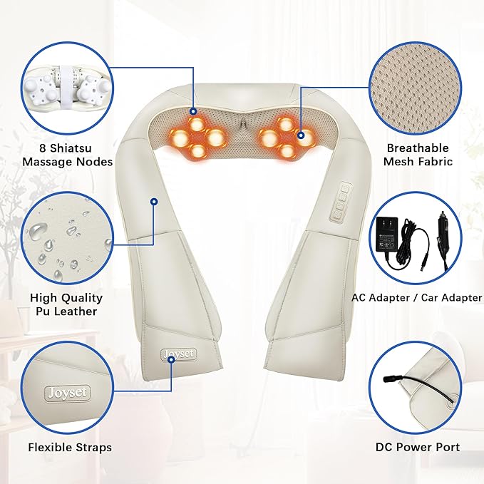 Joyset Shiatsu Neck and Back Massager with Heat, Shoulder Massager for Pain Relief Deep Tissue,3D Kneading Massage with Cloth Cover Easy to Clean (Khaki)