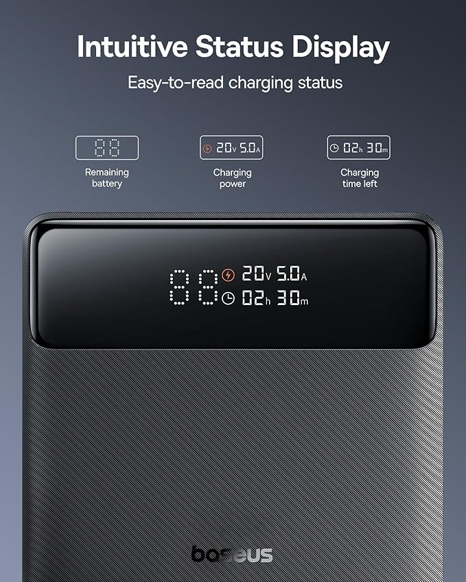 Baseus Laptop Portable Charger 100W 20000mAh, Blade Travel Power Bank Fast Charging 2 USB-C & 2 USB-A Port, Steam Deck Battery Pack for MacBook iPad iPhone 17/16/15/14/13 Samsung S24 etc.