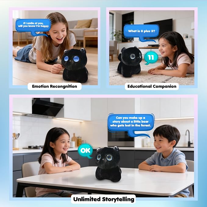 Contixo AI Pixie-Paw Smart Interactive Plush Cat – Voice-Responsive, Touch-Activated, Expressive Eyes, AI Companion Stuffed Animal for Kids & Pet Lovers, Black