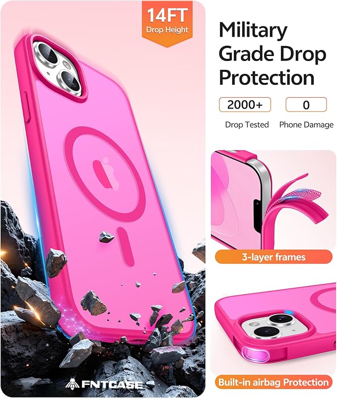 FNTCASE for iPhone 15 Plus Case: for iPhone 14 Plus Case [Compatible with Magsafe] Translucent Matte Cases with [Screen Protector] Military Grade Shockproof Protective Phone Cover - Hot Pink