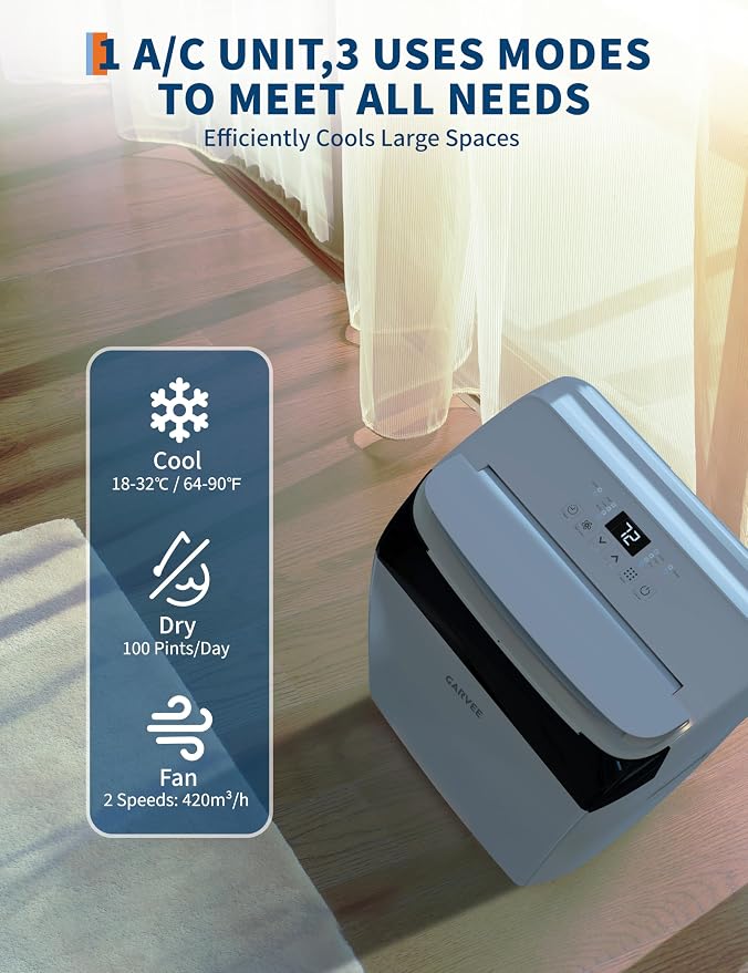 Garvee 14000 BTU Portable Air Conditioner, 3-in-1 Portable AC with Cooling, Dehumidifier, Fan, Follow Me, 24-Hour Timer, Remote, Window Kit for Large Room, Bedroom, Home Office Use, 750 Sq. Ft, 115V