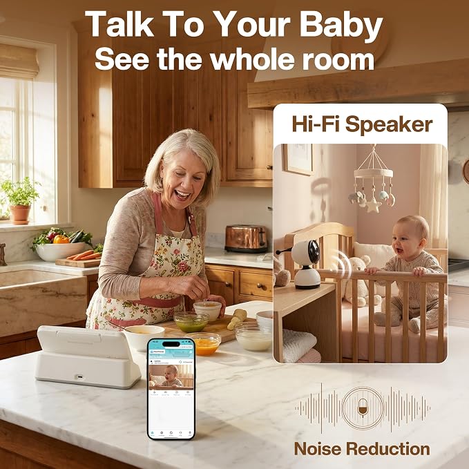 Smart WiFi Baby Monitor with 5-Inch Screen: 355° Pan-Tilt-Zoom Camera, HD Night Vision, Two-Way Audio, Cry Detection, Temp Sensor, 24/7 App Recording – Easy Setup, Baby Essentials for New Parents