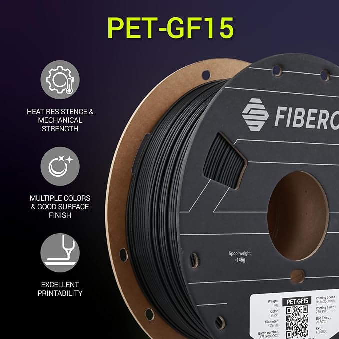 Polymaker Fiberon Black PET-GF15 3D Printer Filament 1.75mm 1KG, 15% Glass Fiber Reinforced, High Strength & Heat Resistance, Ideal for Automotive, Industrial & Functional Parts, AMS Compatible