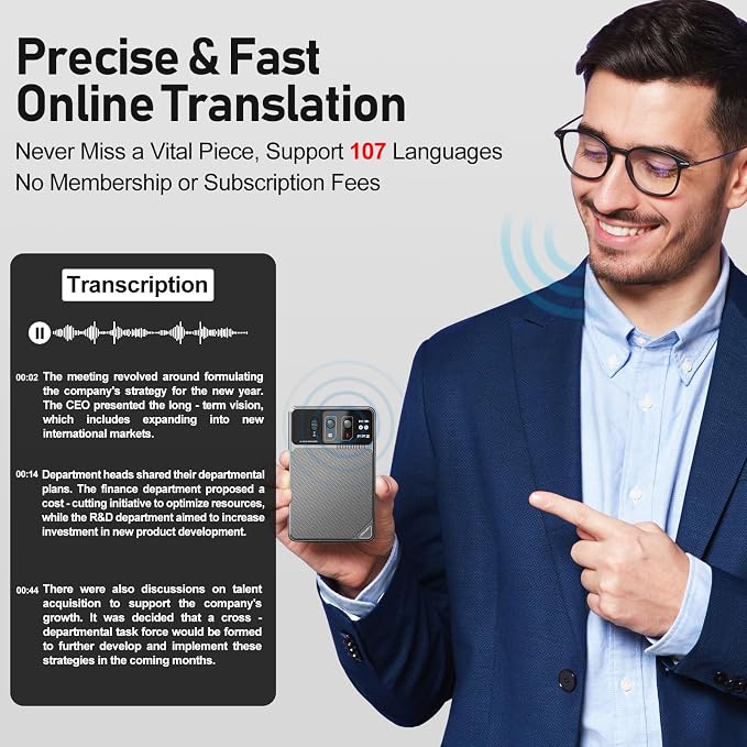 AI Voice Recorder with Lifetime Free Transcription - ChatGPT Powered 107 Languages Translator, 64GB Smart Recorder with App Control for Meetings/Lectures, 60H Battery & Military Encryption (Grey)