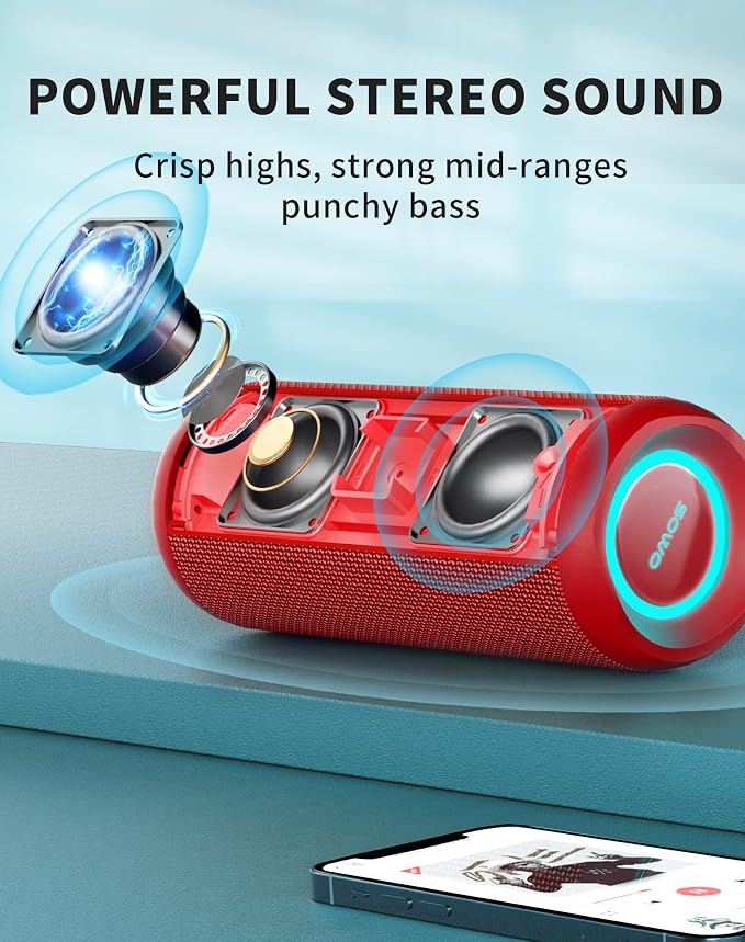 SOWO Portable Bluetooth Speaker, Waterproof IPX7, 25W Loud Wirelss Speaker | Big Audio and Punchy Bass, LED Light with TWS Pairing, 16H Playtime, Outdoor for Party, Beach, Travel, Girls Gifts - Red