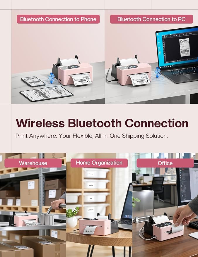 Phomemo 4x6 Shipping Label Printer with Touch Screen, Bluetooth Thermal Printer for Small Business, Auto Label Detection, 150mm/s High Speed, Compatible with Amazon, USPS, UPS, with 500 Pink Labels