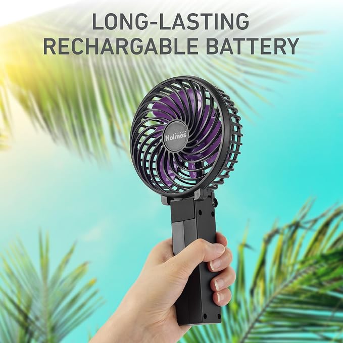 HOLMES 4" Portable Handheld Fan – 3 Speeds, Rechargeable, USB-C, 180° Adjustable, Lightweight, Compact, for Home, Office, Travel – Black, 1-Year Limited Warranty