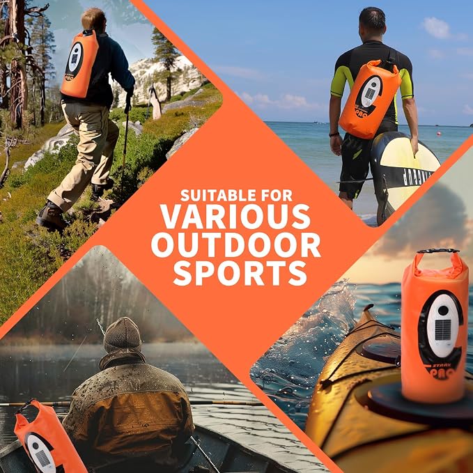 FELICON Waterproof Dry Bag Backpack with Bluetooth Speaker, 20L Roll Top Floating Sack, Solar & USB-C Powered Emergency Charger, RGB Light, Heavy Duty PVC for Kayaking Camping, Orange