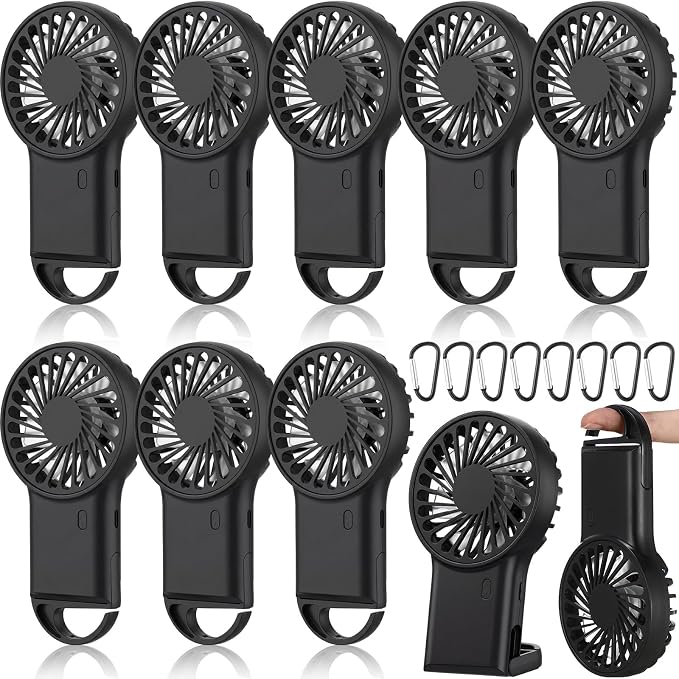 VIHOSE 8 Pcs Portable Hanging Fan, 3 Speeds Personal Rechargeable Desk Hand Held Small Fan with D Metal Hook for Cooling Small Personal Hands Outdoor Travel (Black)