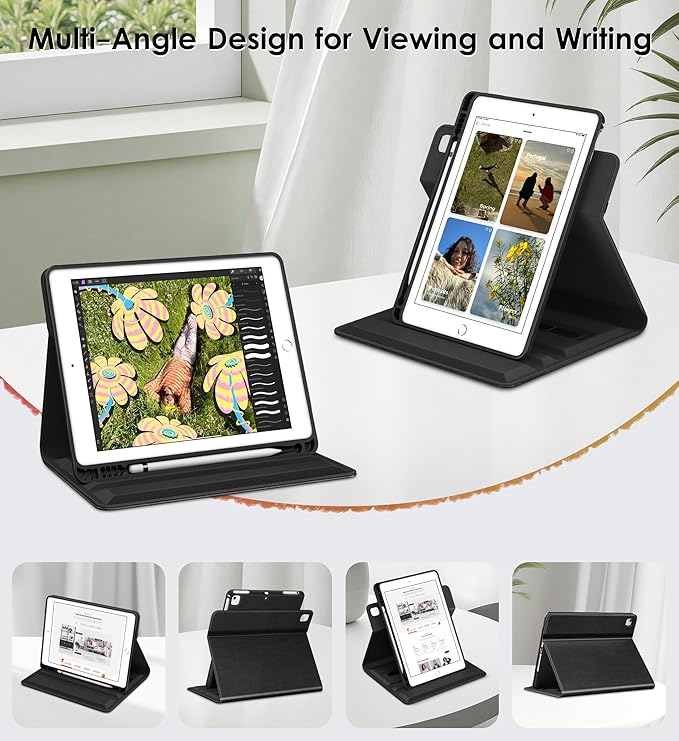 DTTO for iPad 6th / 5th Generation 9.7 Inch (2018/2017), iPad Air 2 / Air 1 Case, 360 Degree Rotating Premium Leather Folio Stand Cover with Pencil Holder, Black