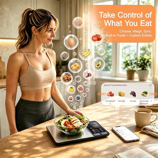 Smart Food Scale with App & TFT Display – Digital Food Scale for Calorie & Macro Tracking, 50 Built-in Foods, 23 Nutrients Analysis for Weight Loss & Meal Prep, Gray Silver