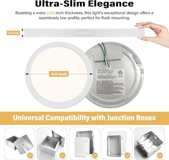 Flush Mount Ceiling Light Fixture - ETL Certified - 9 Inch Dimmable 3000K Warm White LED, 0.63'' Ultra Thin Round Design for Bedroom, Bathroom, Kitchen, Hallway, Basement, Closet (9-Pack)‌