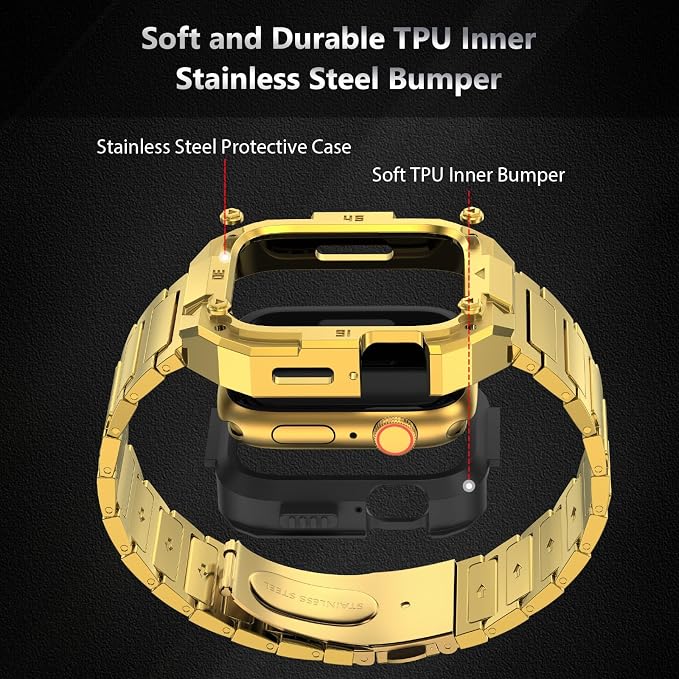 Stainless Steel Case and Band Compatible for Apple Watch Ultra 2 Band/Apple Watch Band 49mm 45mm 44mm 42mm,Fomal Metal iWatch Ultra/Ultra 2 Case with Strap for Men Series 9 8 7 6 5 4 SE (Gold, 45mm (Series 9 8 7）)