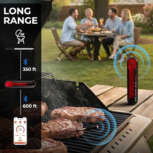 Grill Tech Smart Bluetooth Meat Thermometer Wireless Thermometer for Grilling and Smoking, Precision Accuracy, 950ft Range, USB-C Rechargeable Case, Grill Tech App for Grilling