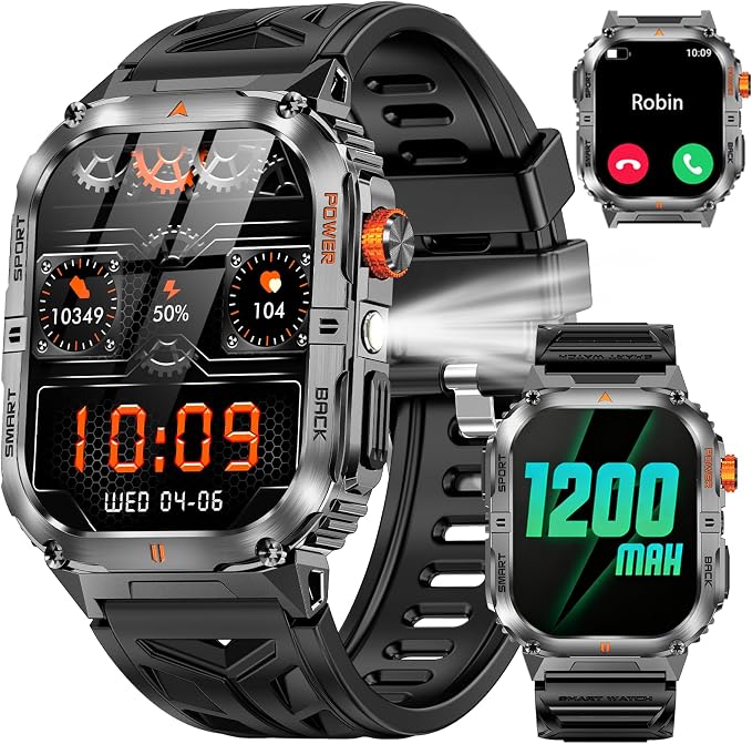 Military Smart Watch for Men, 2.01" Smartwatch with 1200mAh Battery, Flashlight, Answer/Make Calls, Heart Rate/Sleep Monitor 100+ Sport Modes Fitness Tracker for Android/iPhone (Black 03)