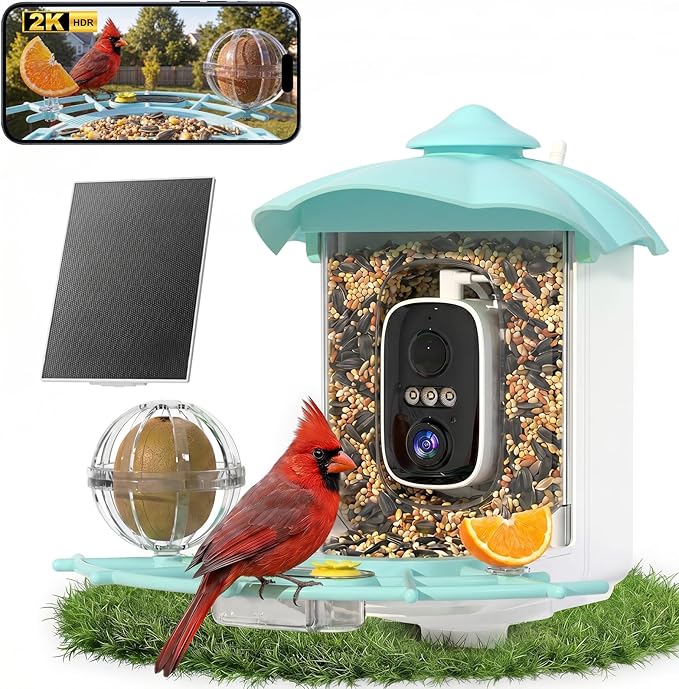 Bird Feeder with Camera,AI Identify Birds Species,Solar Powered,Auto Record Videos in Backyard,Instant Notifications,Ideal Gift for Family and Bird Lovers (Blue)