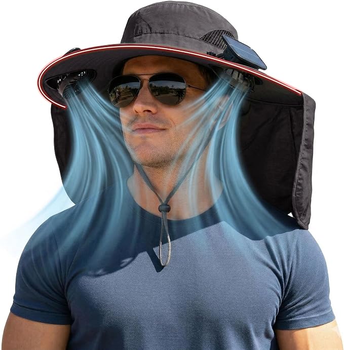2 in 1 Wide Brim Sun Hat with 2 Solar Fans Sunshade UPF 50+ Garden Outdoor Fishing Beach Essential