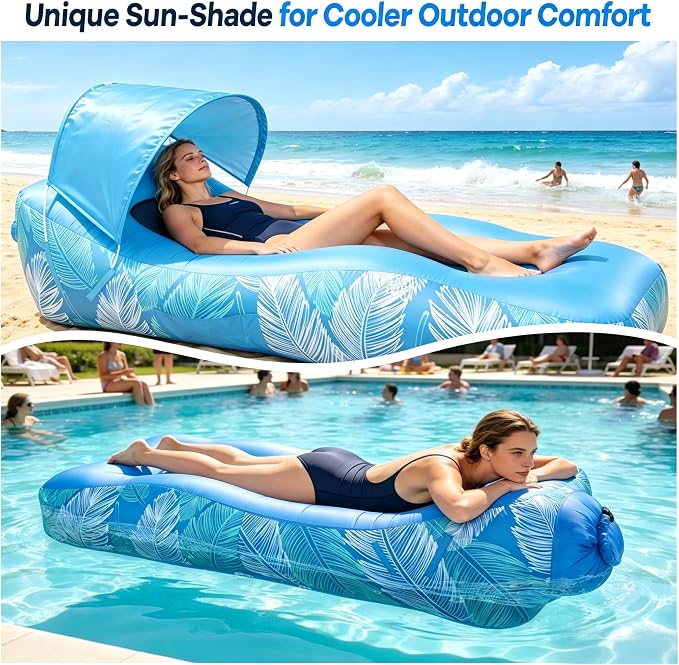 Inflatable Lounger Air Sofa with Unique Sun-Shade, Waterproof Inflatable Beach Bed with Electric Pump, Lightweight Air Hammock Chair for Hiking Backyard Travel Beach Park Picnics（SkyBlue）