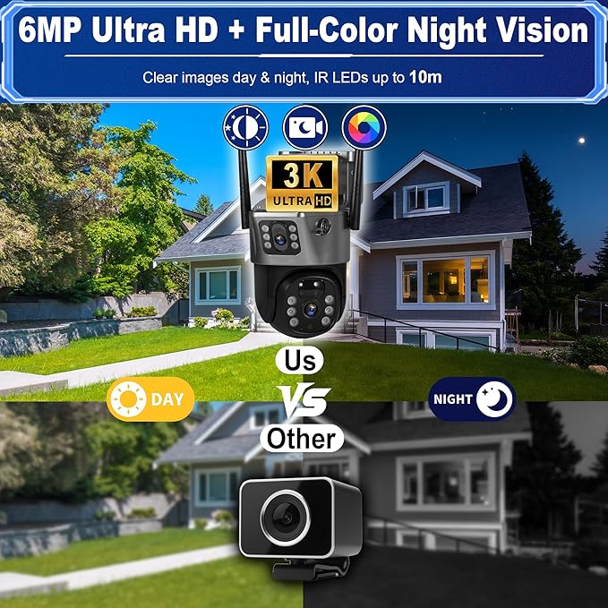 Solar Security Camera Outdoor Wireless WiFi-6MP HD, Color Night Vision,10X Zoom,AI Motion Detection,Two-Way Audio,Waterproof IP66,64GB SD/Cloud Storage,7.5W Solar Panel(4pack)