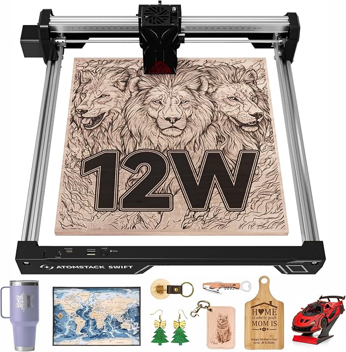 ATOMSTACK Swift 12W Laser Engraver and Cutter, 0.06mm High Accuracy Laser Engraving Machine for Wood and Metal, Dark Acrylic, DIY Laser Cutter with Eye Protection, Support Glass&Leather Engraving