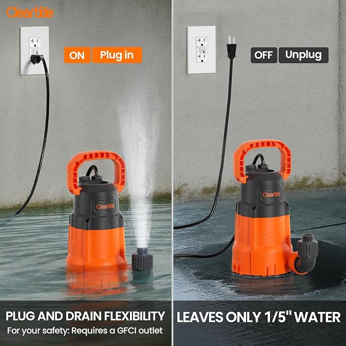 Cleartide Submersible Utility Water Pump, 2160 GPH Portable Sump Pump with Copper Motor, Plug and Work for Pond, Garden Watering, Pool Transfer, or Hot Tub Emptying