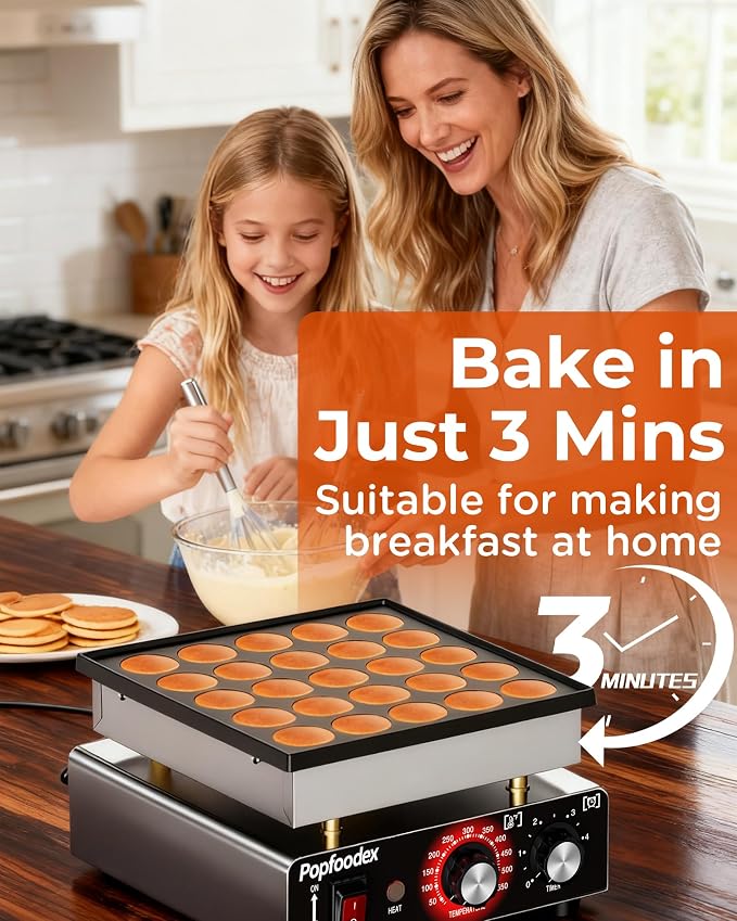 Mini Pancake Maker - 25Pcs Mini Pancake Griddle w/Non-stick and Adjustable Temp, 110V Electric Dutch Pancake Maker w/ 1.8 Inches Poffertjes, Hot Cakes Machine for Home Kitchen Restaurant