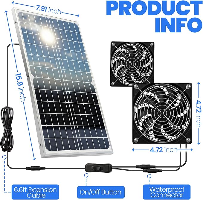 Dual Solar Powered Fan for Chicken Coop, Greenhouse & Shed，4.7" | Waterproof Window Fans, Solar Fan for Chicken Coops, Pet House, Ventilation Cooling Kit, On/Off Switch, 6.6ft Extension Cable