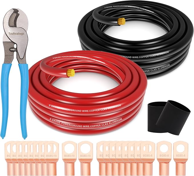 1/0 Gauge Battery Cable Wire Copper Clad Aluminum CCA Amp Wiring Kit 40FT Black/Red for Automotive Power Ground,Car Audio Speaker,Inverter Truck with 10FT Cable Cutter Lug Terminal Heat Shrink Tube