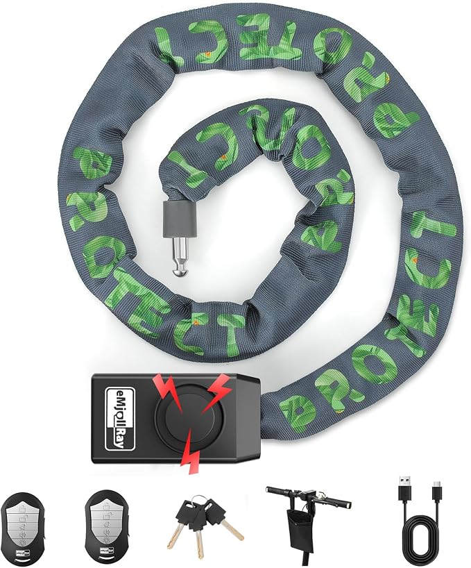 Anti-Theft Bike Alarm Chain Lock,Bike Lock 110dB Security 8mm x 4ft Chain Lock with Key & Remote Control Heavy Duty Steel Rechargeable E-Bike Scooter Bike Lock (Storage Bag Included) (Green)