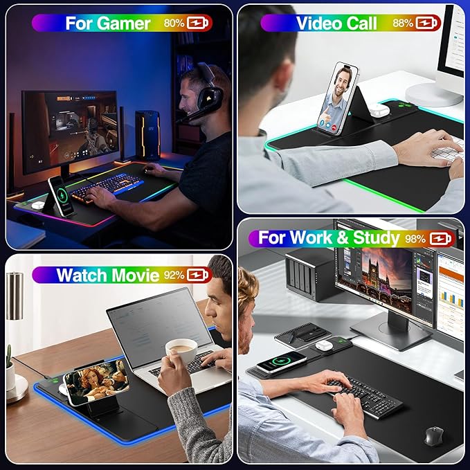 XXL RGB LED Gaming Mouse Pad with Magnetic Wireless Charger & Foldable Phone Holder, 31.5"x15.8" Extended Ultra-Smooth Desk Mat, 25 Lighting Effects, Non-Slip Base, Includes 20W PD Adapter
