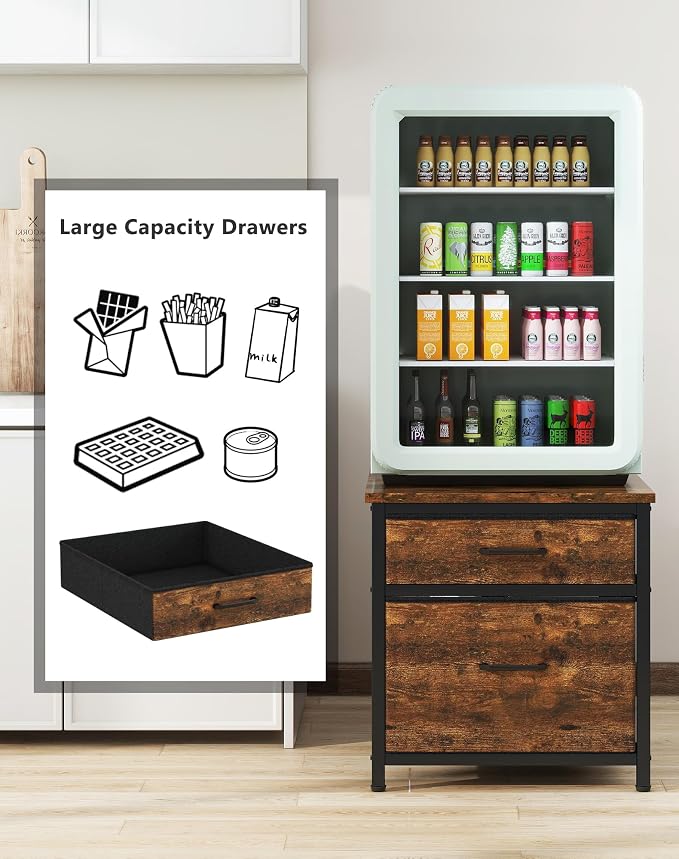 YMYNY Mini Fridge Stand with Storage, Mini Fridge Cabinet with Fabric drawers, 250lbs Heavy-Duty Compact Refrigerator Table for Home, Office, Bedroom,21.7" L x 22.8" W, Rustic Brown HBR008H
