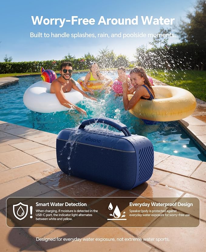 dbsono Portable Bluetooth Speaker Wireless: 100W(Peak) SoundPulse 2.0 with BassBoost, Waterproof Loud Party Speakers, Unlimited Pairing, TWS for Outdoor/Indoor, Beach Vacation Essential, Blue