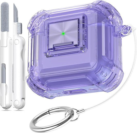 RFUNGUANGO AirPods 4 Case Clear with Lock Cleaning Kit, Lanyard & Keychain, Support Wireless Charging, Compatible with Apple AirPods 4 Case (2024) for Women Girl, Transparent Purple