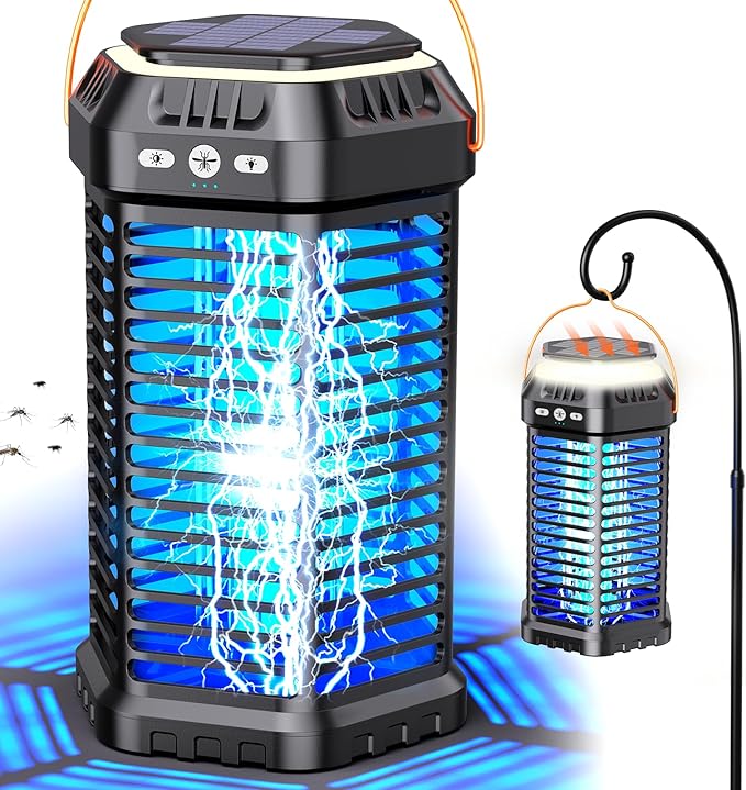 Solar Bug Zapper Outdoor, Rechargeable Mosquito & Fly Zapper with Auto ON/Off, 6000mAh Long-Lasting, Foldable Camping Light, Solar & USB Powered Bug Zapper for Patio, Camping & Indoor Use