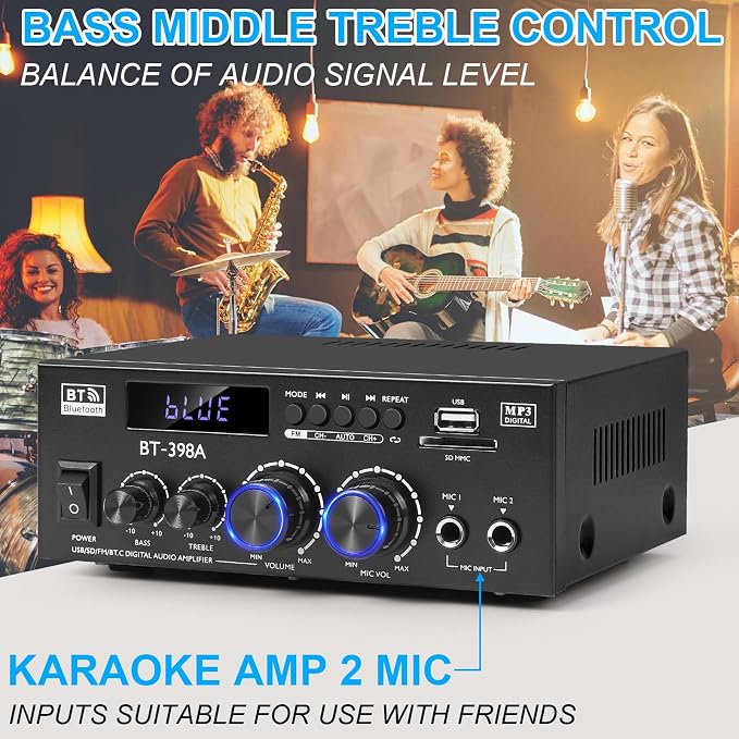 Romica Stereo Audio Amplifier, 2 Channel 450W Bluetooth 5.0 Home Audio Stereo Receiver with FM Radio, USB, SD, Optical & Coaxial Inputs, Amplifier for Passive Speakers and Active subwoofer