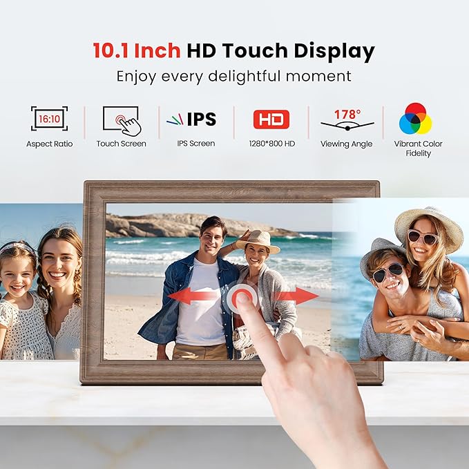 Uhale 10.1 Inch Digital Picture Frame 32GB Momery Wooden WiFi Electronic Photo Frame IPS HD Touch Screen Display Share Photos/Videos Instantly Anywhere Gifts for Mom Dad Grandparents