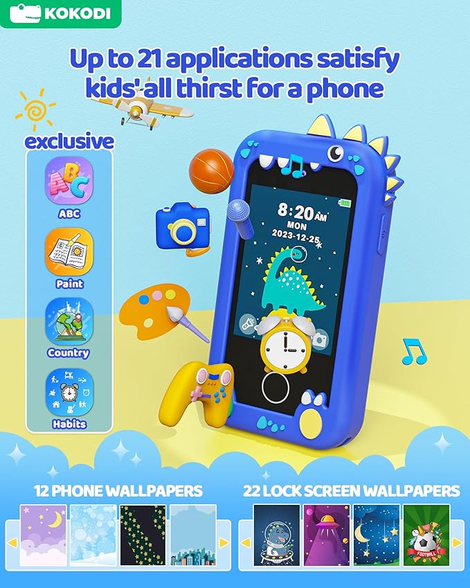 KOKODI Kids Smart Phone Toys, Touchscreen HD Dual Camera Cell Phone for Kids, Birthday Gifts Dinosaur Toddler Play Phone for Boys 3-10, Travel Learning Toy with 8GB SD Card(Navy Blue)