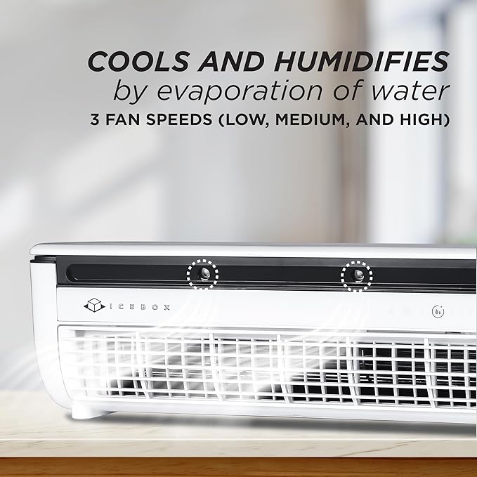 IceBox Cooling Mist Fan, Small Portable Fan with Evaporative Humidifier, For Desk or Wall Mount, 3 Speeds, 8.8oz/260ml Tank, Battery or USB-C Operation, Remote, USB-C Cable, IBCF200W, White/Gray
