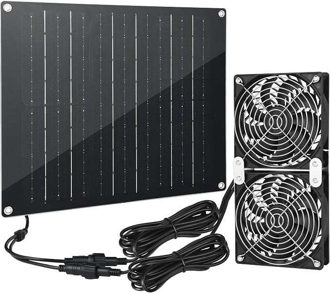 Solar Powered Fan, 30W Large Solar Fan Exhaust Dual Exhaust Fan, Equipped with Two IPX7 Waterproof Fans, Suitable for air Ventilation & Circulation in Chicken Coops, Greenhouses, Sheds, Pet Houses