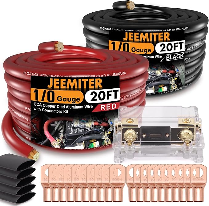 Jeemiter 1/0 Gauge CCA Wire Battery Cable Copper Clad Aluminum 40ft Red/Black for Car Amplifier Power Ground,Audio Speaker,Winch,Solar,RV,Truck with 250A ANL Fuse Holder,Lug Terminals,Heat Shrink Tube