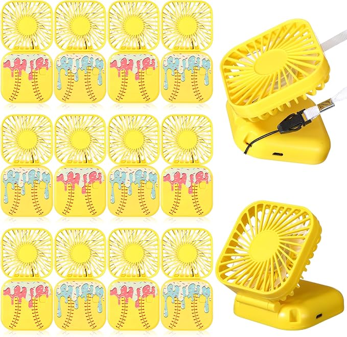 Retisee 12 Pcs Ice Cream Drip Softball Mini Portable Handheld Fans 3 Speed USB Rechargeable Necklace Fans Bulk 180° Foldable Electric Personal for Sport Party Favors Team Game Gift(Yellow)