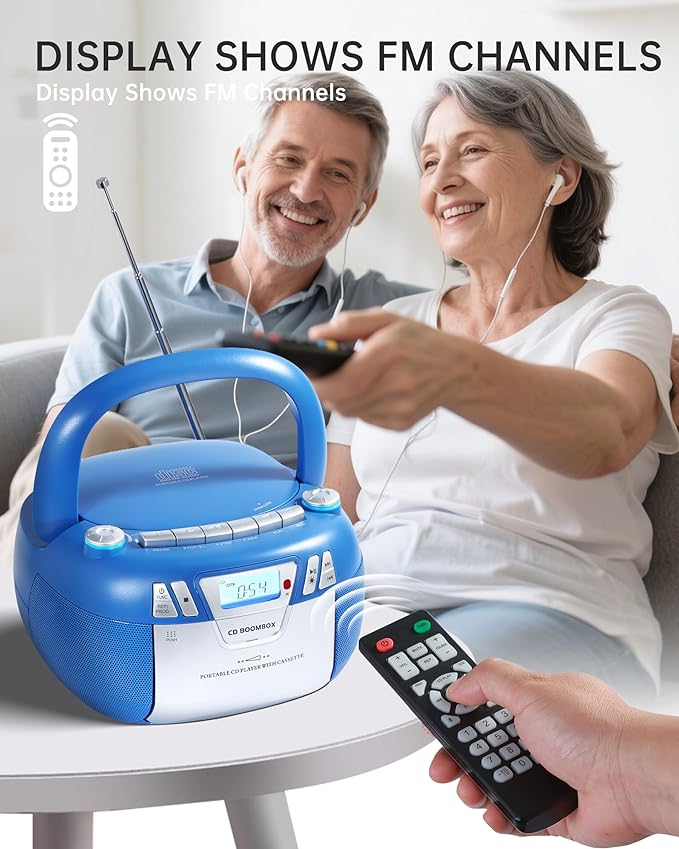 Boombox CD Player with Bluetooth and Cassette Player | Portable AM/FM Radio, MP3/USB/AUX Input, Stereo Sound System with Recorder, AC & Battery Powered for Home & Outdoor