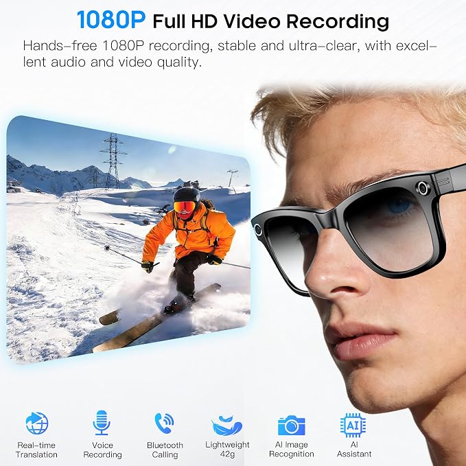 AI Smart Camera Glasses for Men Women, 4K Photography,1080P HD Video Recording,Real-Time Translation, Open-Ear Audio,Voice Assistant, Lightweight (Black Frame-Photochromic Lens)