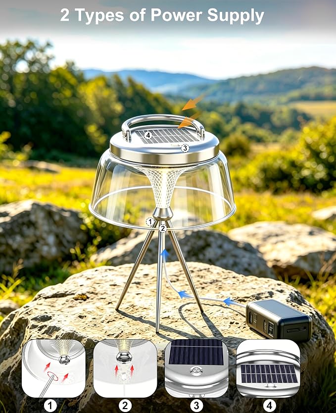 Solar Camping Lantern, Dimmable Warm White 360°COB LED Rechargeable Lantern with USB-C&Solar Charging, IP65 Waterproof Hanging/Tabletop Lamp for Indoor Outdoor, Tent, Patio, Emergency(Silver)